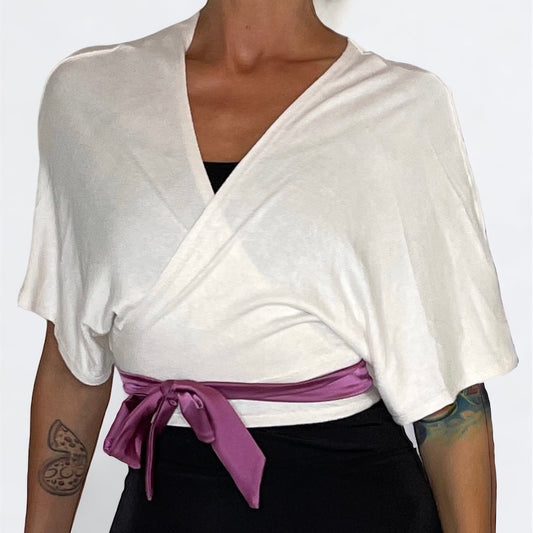 Luxe Kimono Sleeve Cropped Sweater Wrap Top - Peach Ivory