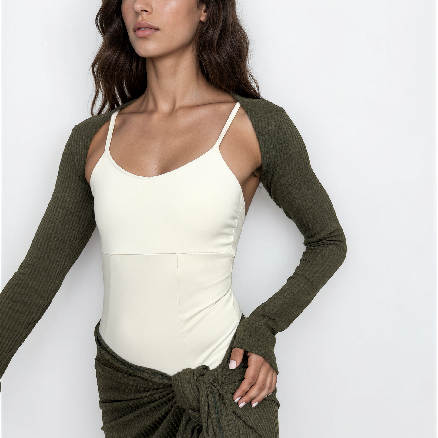 Sweater Knit Ballet Warm Up Shrug Top - Olive Green Waffle Knit