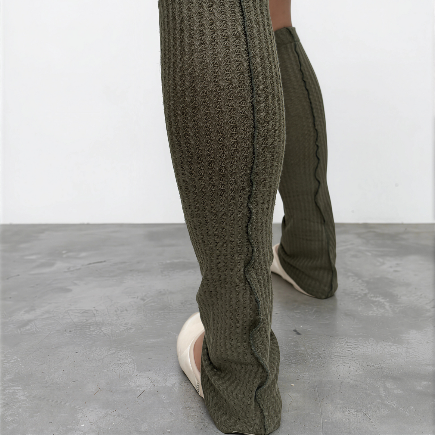 Sweater Knit Knee High Ballet Leg Warmers Olive Green Waffle Knit