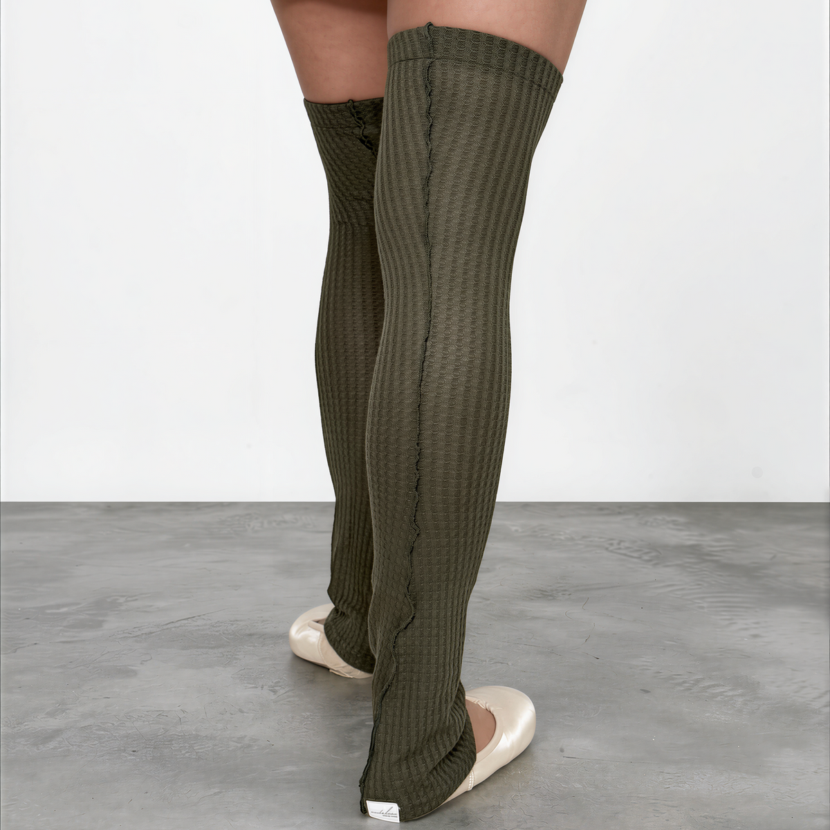 Sweater Knit Thigh High Ballet Leg Warmers Olive Green Waffle Knit