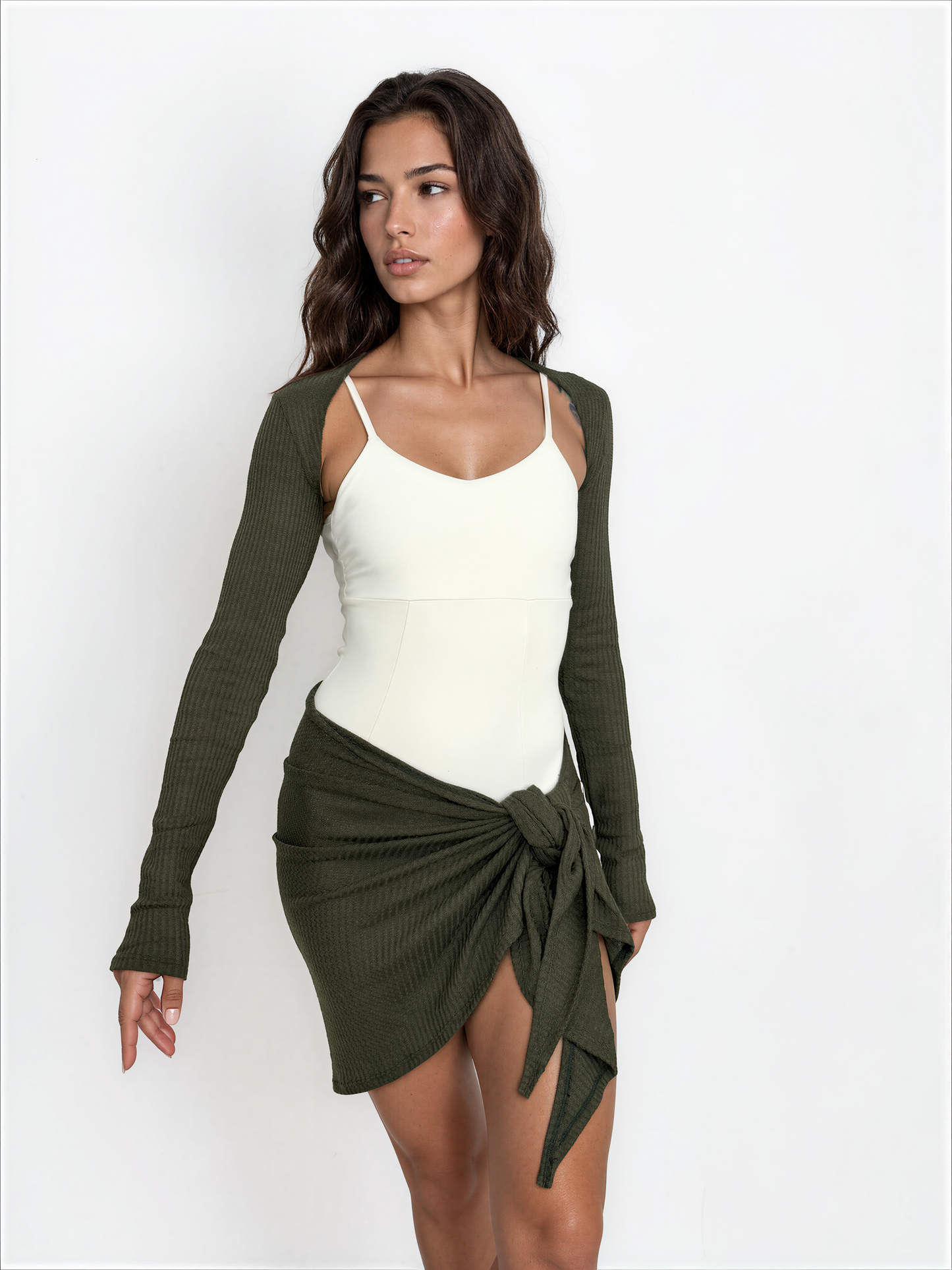 Sweater Knit Ballet Warm Up Shrug Top - Olive Green Waffle Knit