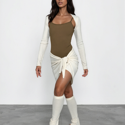 Sweater Knit Ballet Wrap Skirt Cover-Up - Cream Ribbed Knit