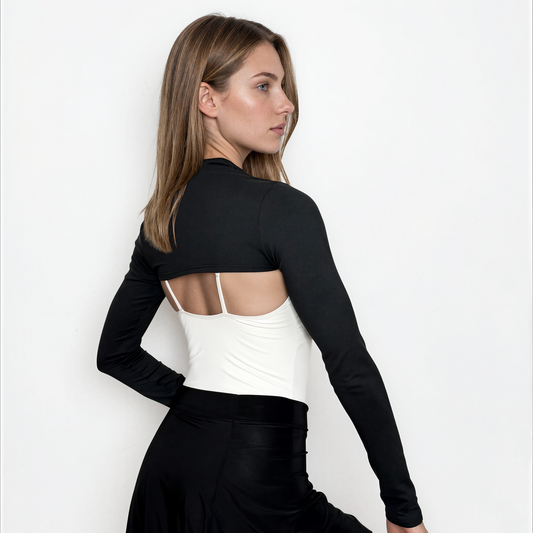 Double Brushed Jersey Knit Ballet Warm Up Shrug Top - Black
