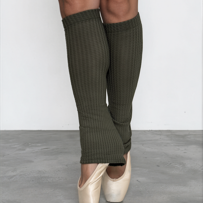 Sweater Knit Knee High Ballet Leg Warmers Olive Green Waffle Knit
