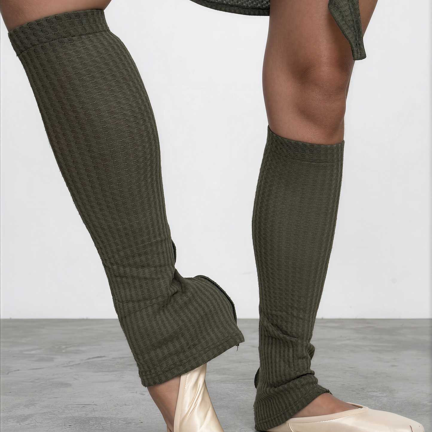 Sweater Knit Knee High Ballet Leg Warmers Olive Green Waffle Knit