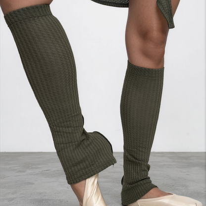 Sweater Knit Knee High Ballet Leg Warmers Olive Green Waffle Knit
