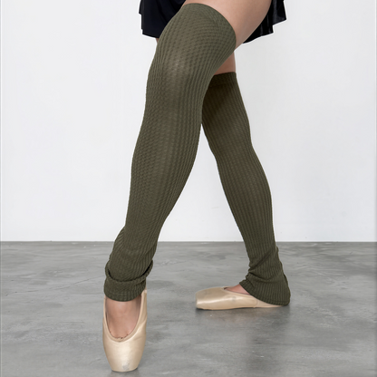 Sweater Knit Thigh High Ballet Leg Warmers Olive Green Waffle Knit