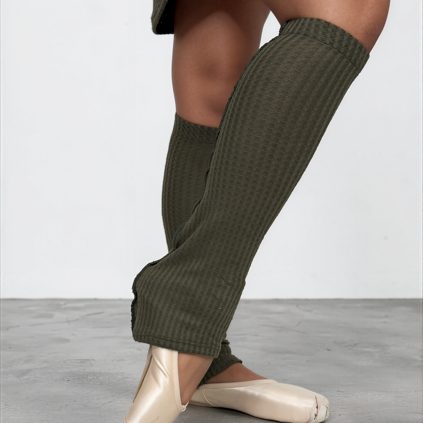 Sweater Knit Knee High Ballet Leg Warmers Olive Green Waffle Knit