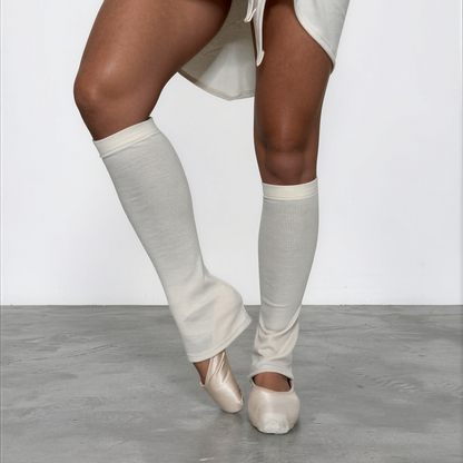 Sweater Knit Knee High Ballet Leg Warmers - Cream Ribbed Knit