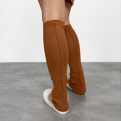 Sweater Knit Knee High Ballet Leg Warmers - Pumpkin Ribbed Knit