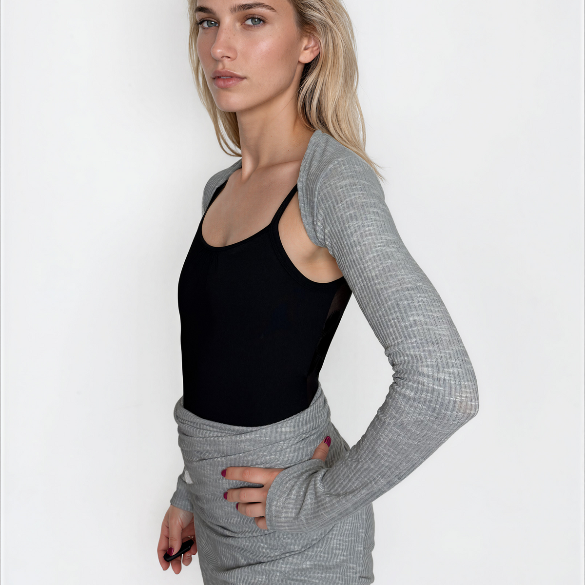 Sweater Knit Ballet Warm Up Shrug Top - Light Grey Ribbed Knit