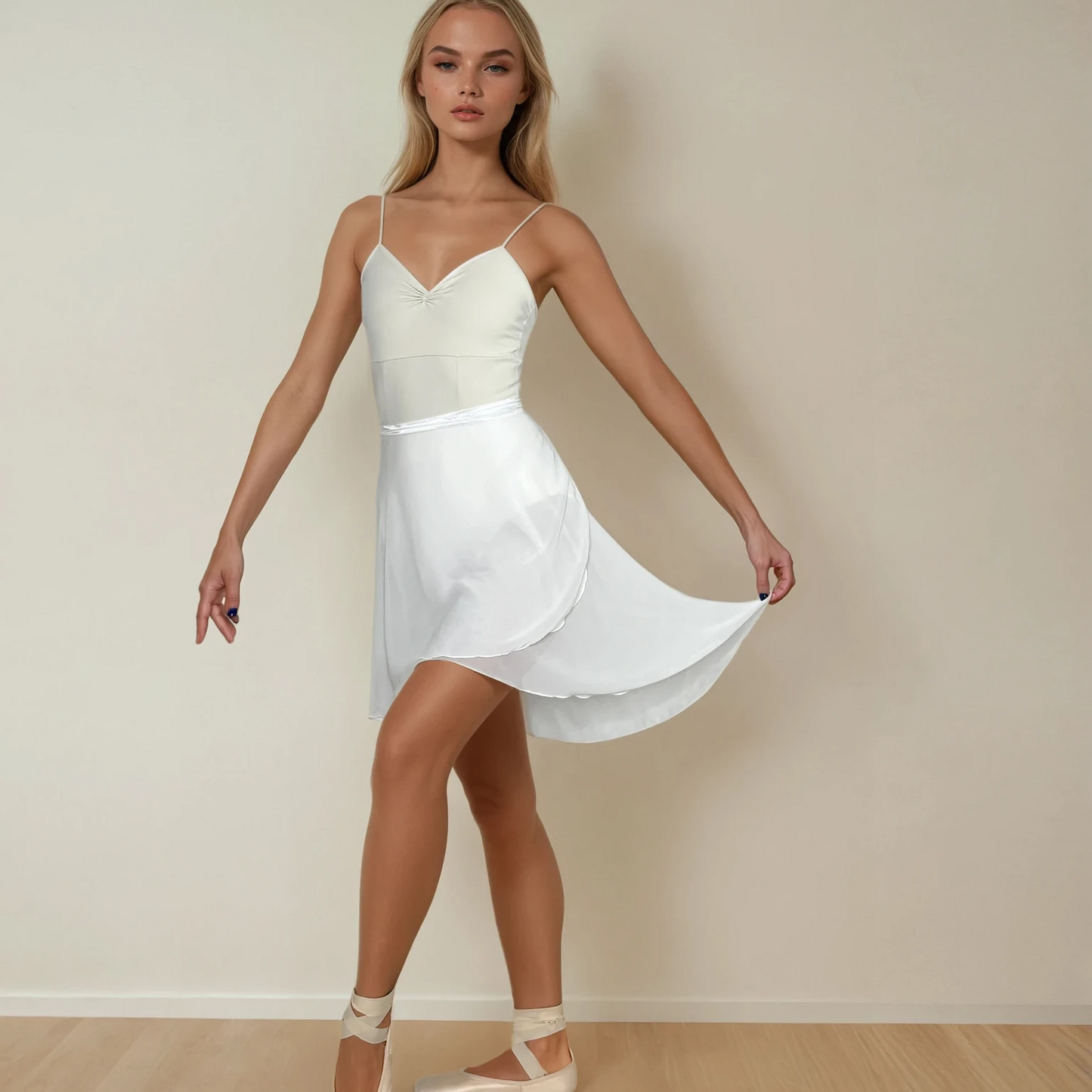 Woman wearing a white dress with a plain background