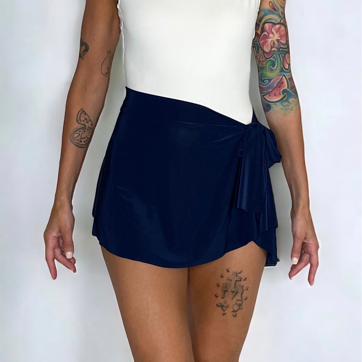 navy blue ballet wrap mini skirt