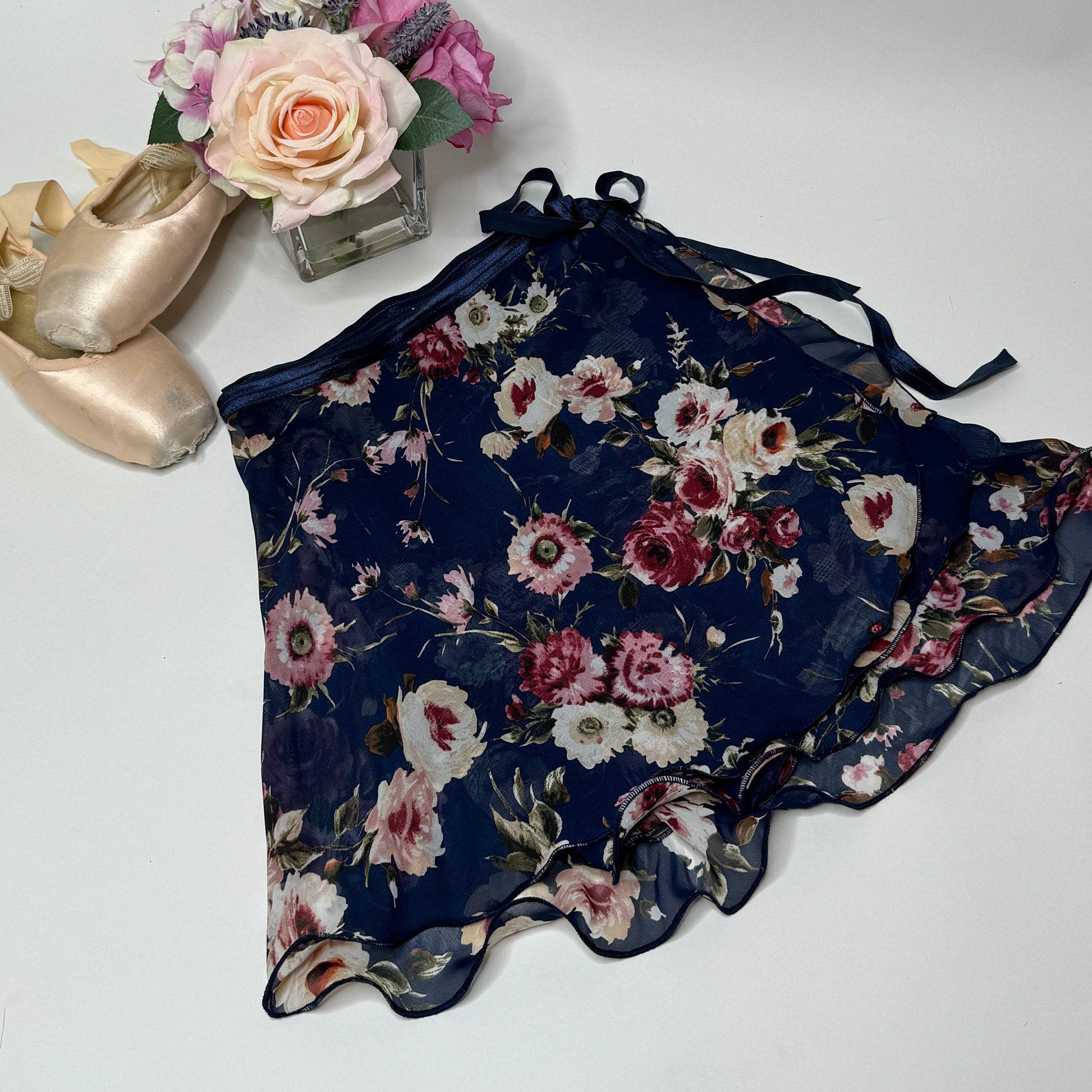 navy blue floral print chiffon ballet skirt