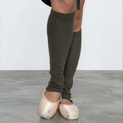 Sweater Knit Knee High Ballet Leg Warmers Olive Green Waffle Knit