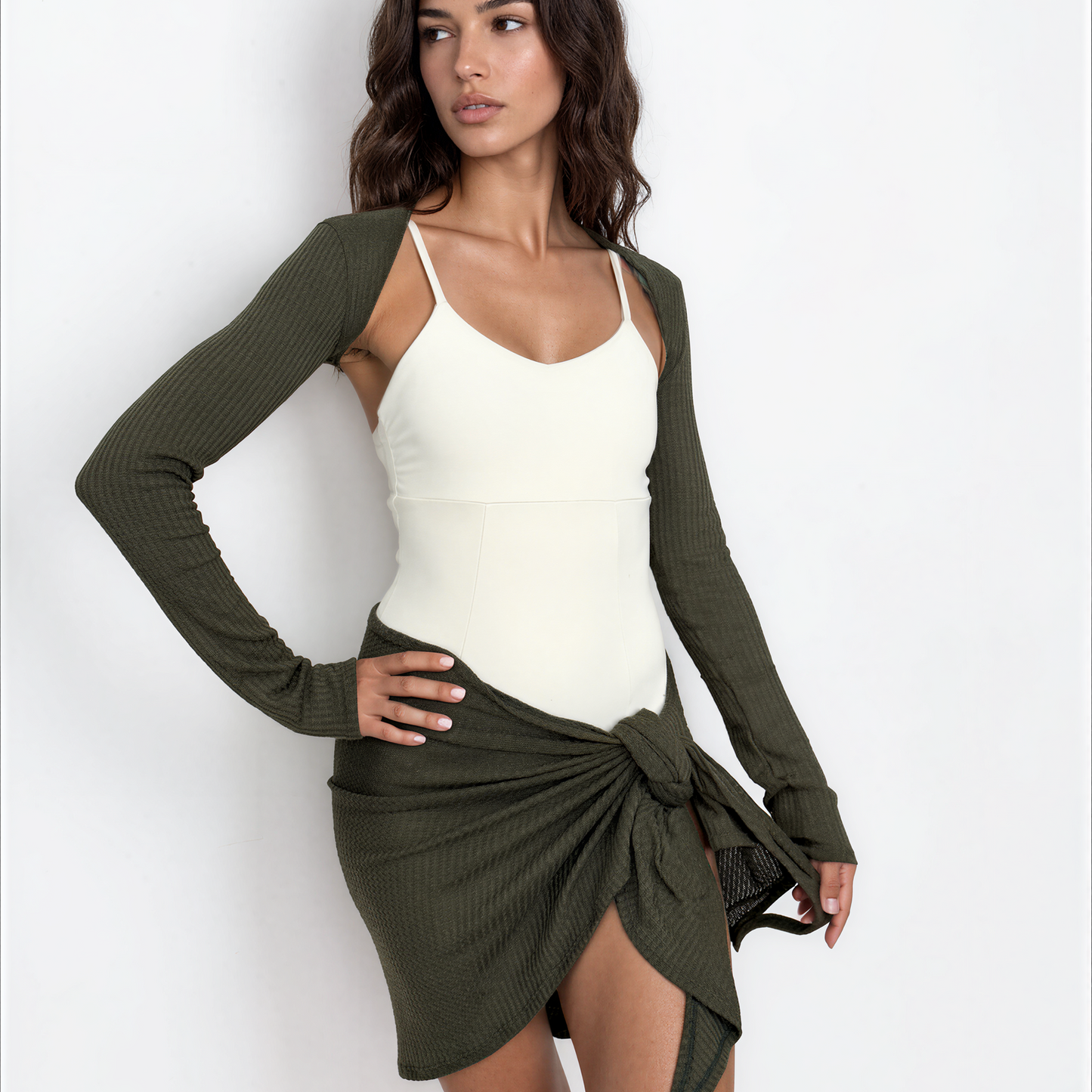 Sweater Knit Ballet Warm Up Shrug Top - Olive Green Waffle Knit