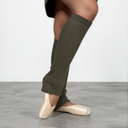 Sweater Knit Knee High Ballet Leg Warmers Olive Green Waffle Knit