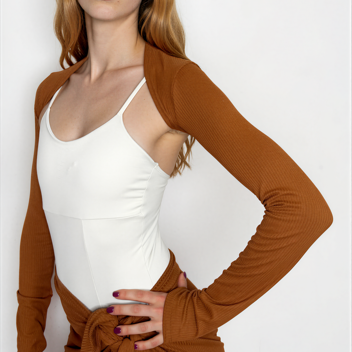 Sweater Knit Ballet Warm Up Shrug Top - Pumpkin Ribbed Knit