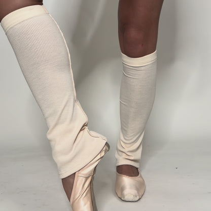 Sweater Knit Knee High Ballet Leg Warmers - Cream Ribbed Knit