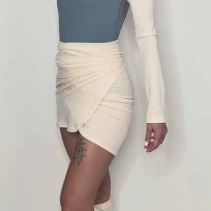 Sweater Knit Ballet Wrap Skirt Cover-Up - Cream Ribbed Knit