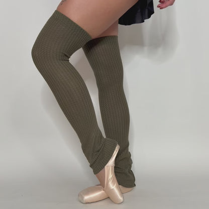 Sweater Knit Thigh High Ballet Leg Warmers Olive Green Waffle Knit