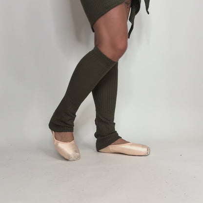 Sweater Knit Knee High Ballet Leg Warmers Olive Green Waffle Knit