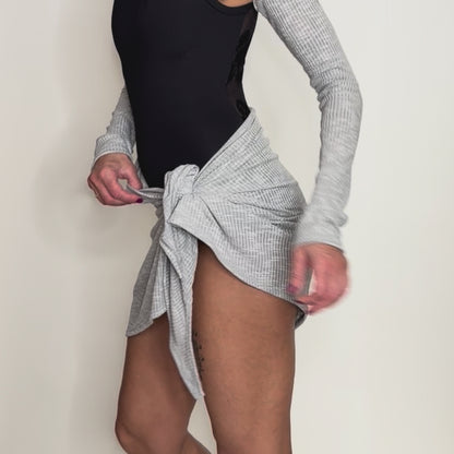 Sweater Knit Ballet Wrap Skirt Cover-Up - Light Grey Ribbed Knit