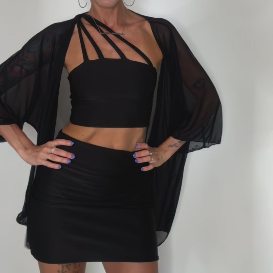 sheer mesh kimono cover up black