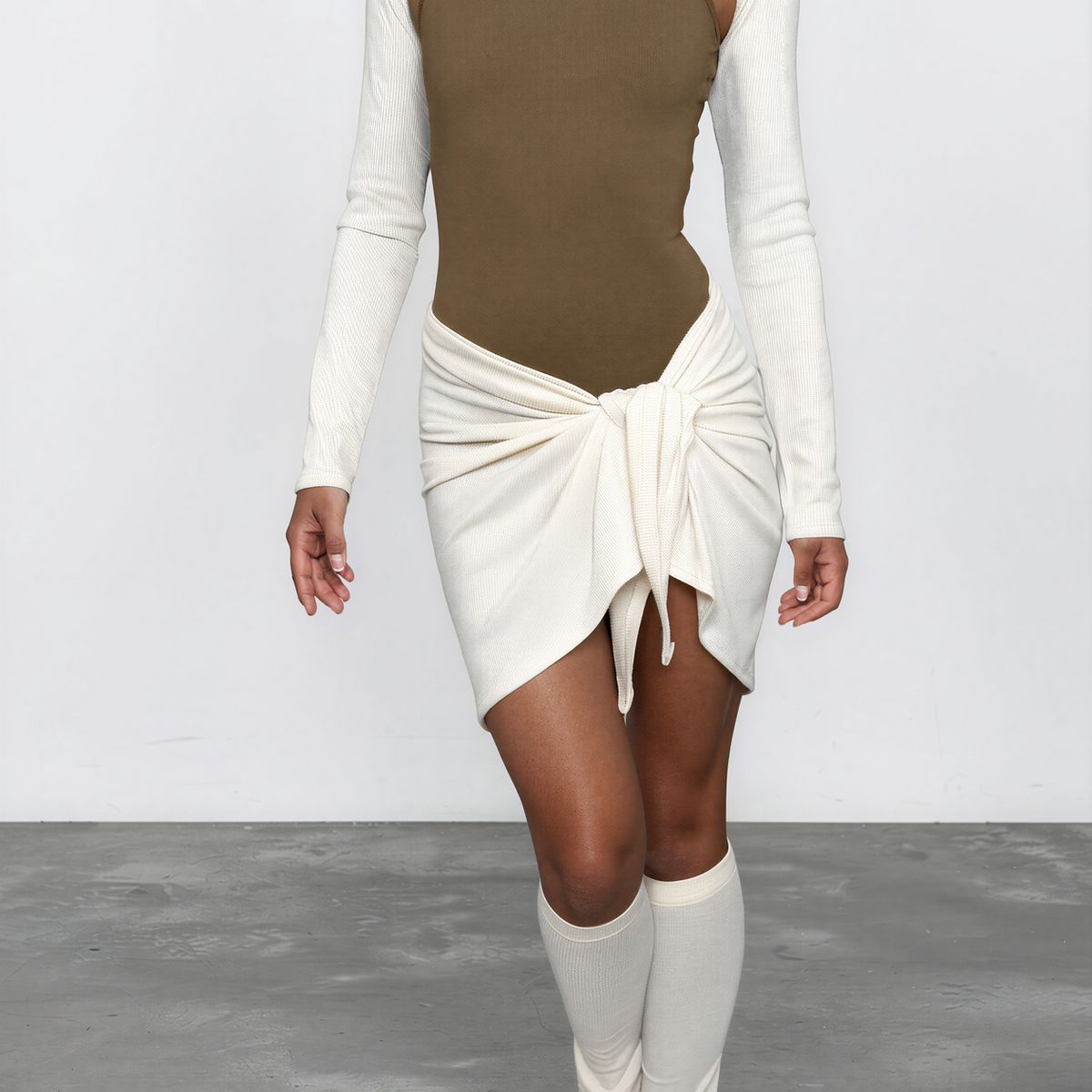 Sweater Knit Ballet Wrap Skirt Cover-Up - Cream Ribbed Knit