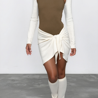 Sweater Knit Ballet Wrap Skirt Cover-Up - Cream Ribbed Knit