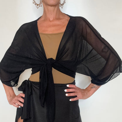 sheer mesh kimono cover up black