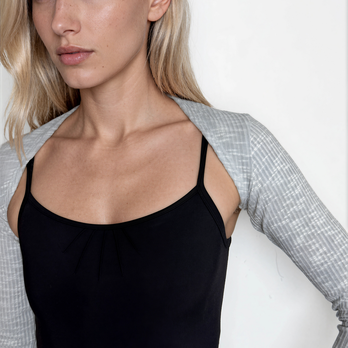 Sweater Knit Ballet Warm Up Shrug Top - Light Grey Ribbed Knit
