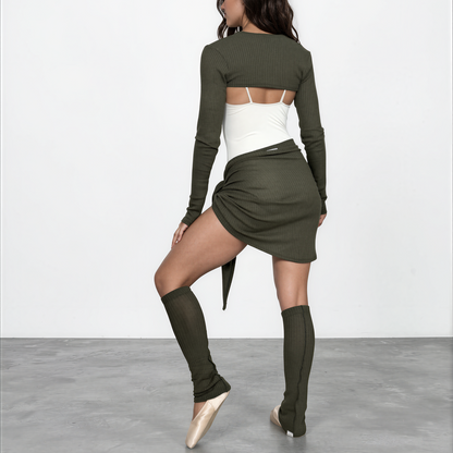 Sweater Knit Ballet Wrap Skirt Cover-Up - Olive Green Waffle Knit