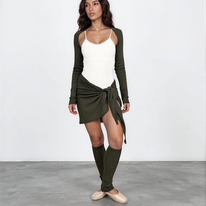 Sweater Knit Ballet Wrap Skirt Cover-Up - Olive Green Waffle Knit
