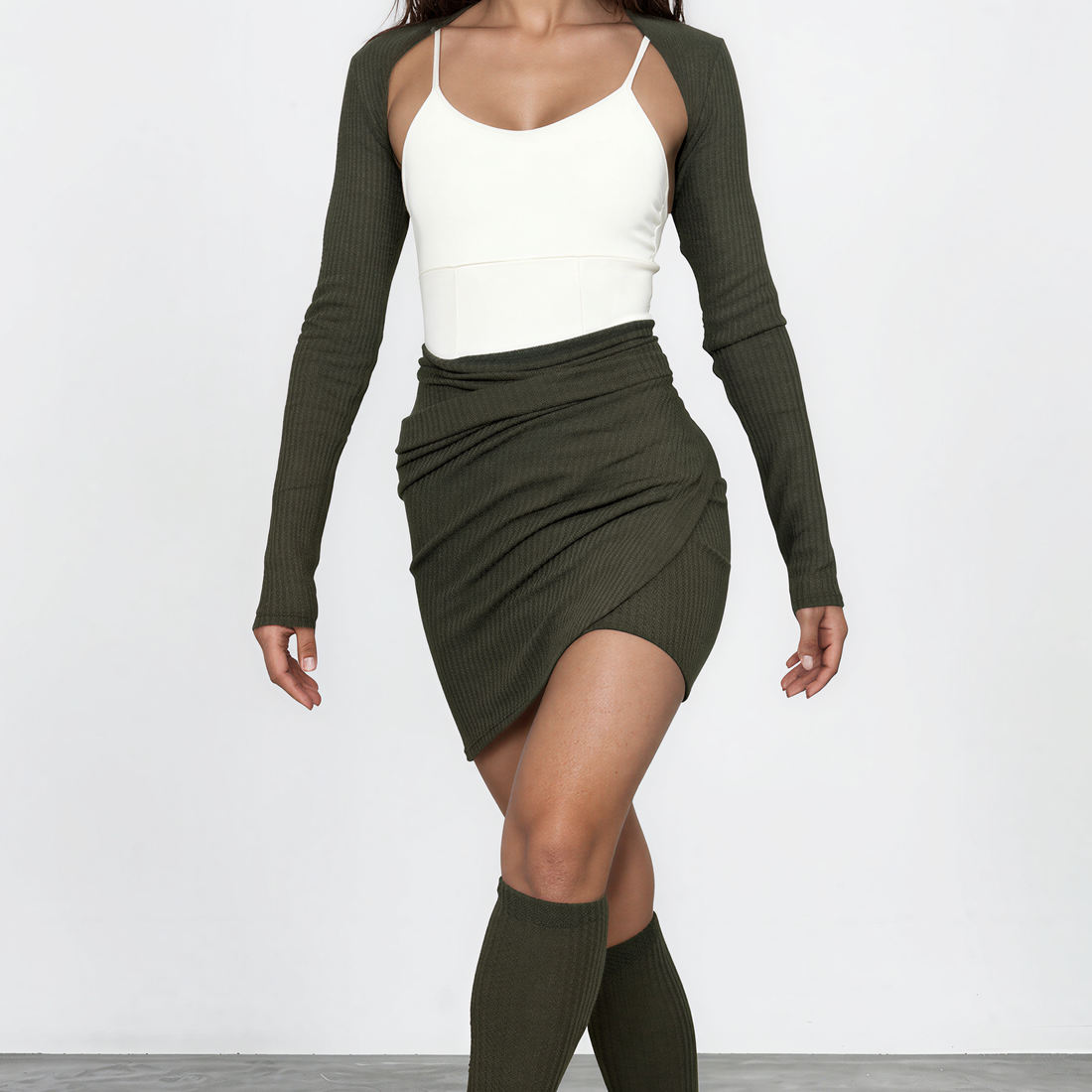 Sweater Knit Ballet Wrap Skirt Cover-Up - Olive Green Waffle Knit