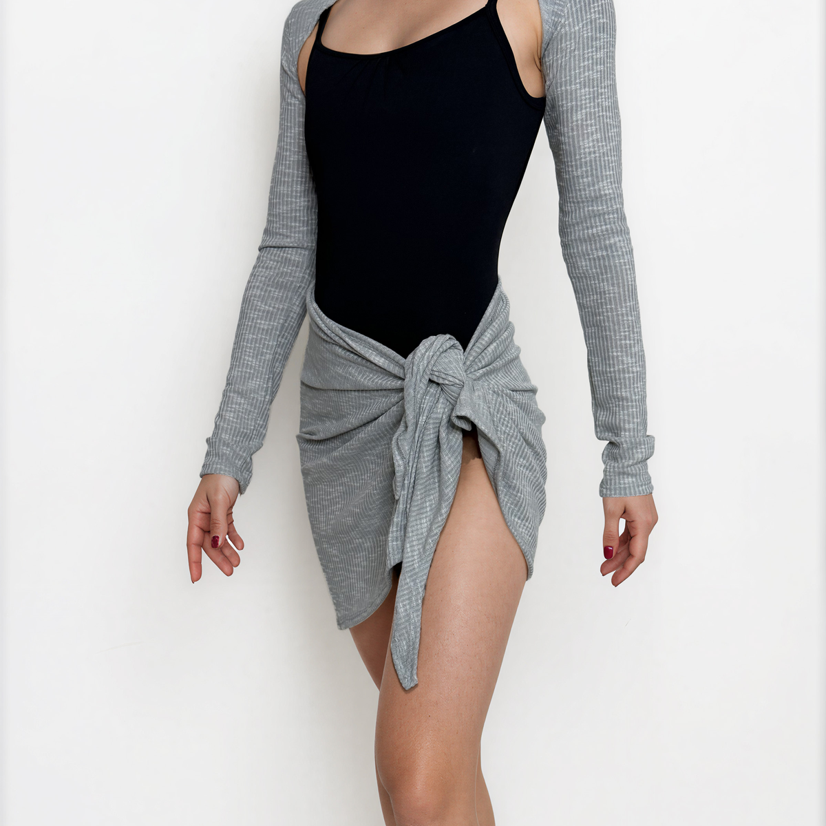 Sweater Knit Ballet Wrap Skirt Cover-Up - Light Grey Ribbed Knit