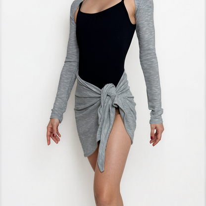 Sweater Knit Ballet Wrap Skirt Cover-Up - Light Grey Ribbed Knit
