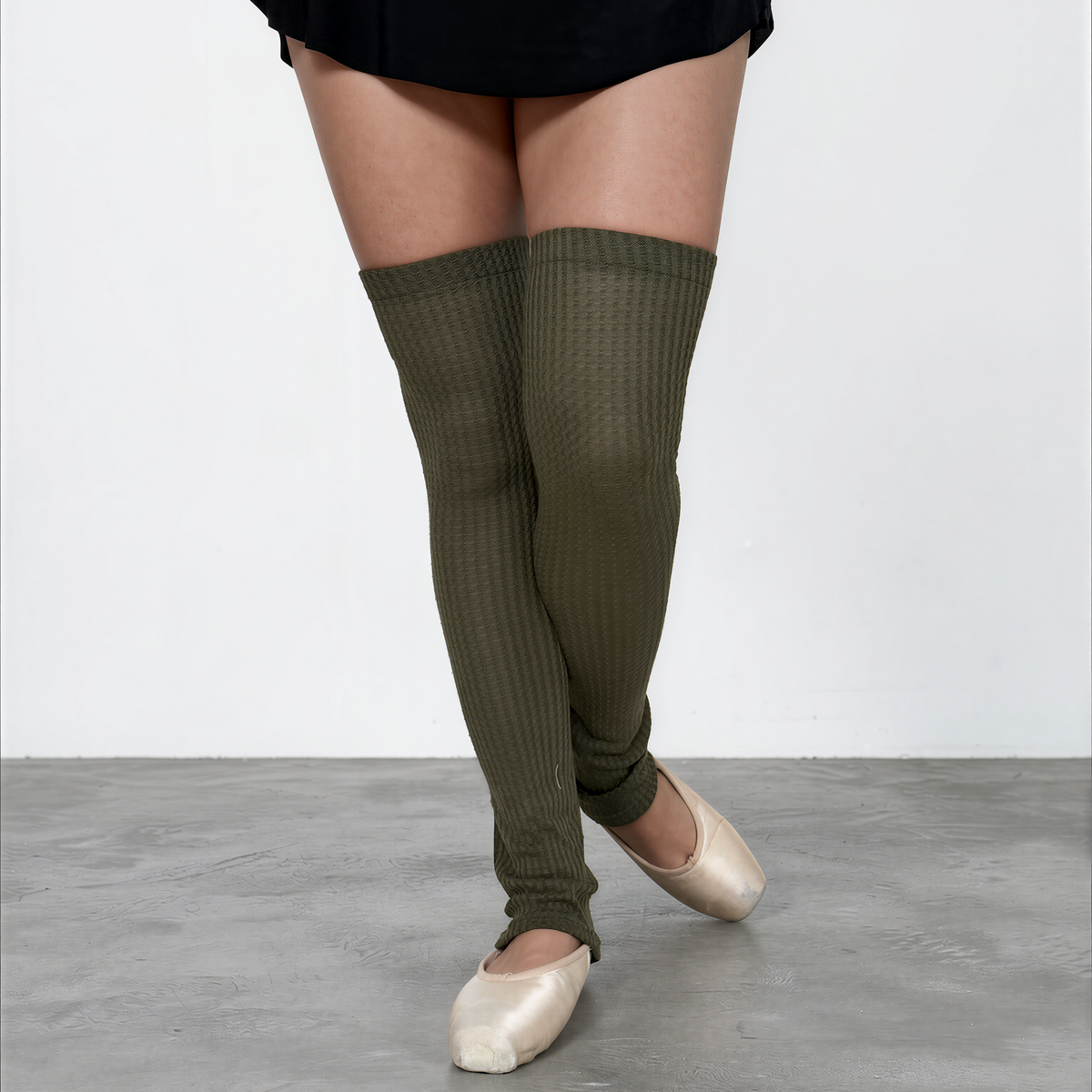 Sweater Knit Thigh High Ballet Leg Warmers Olive Green Waffle Knit