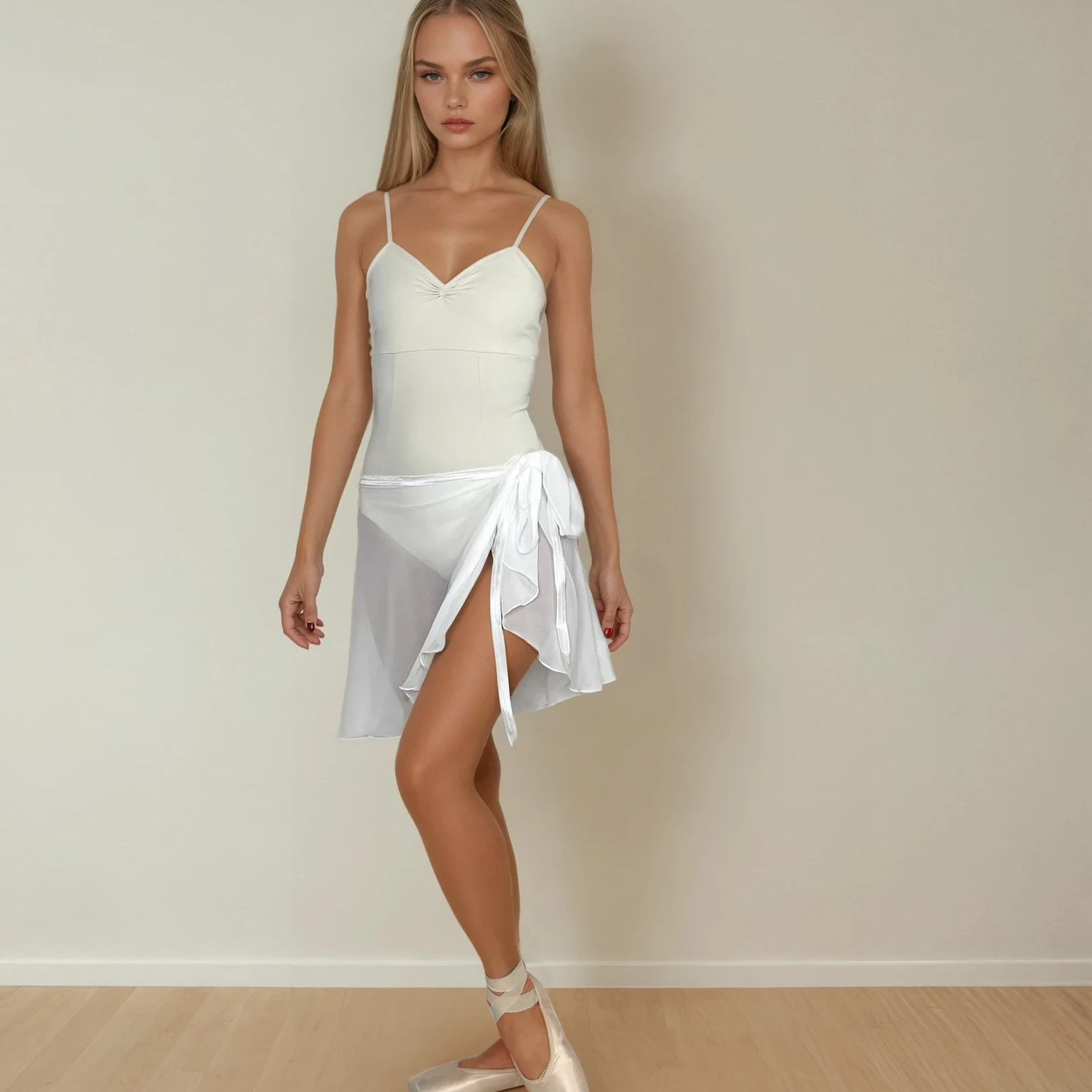 Woman in a white dress standing against a plain wall