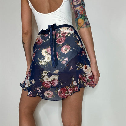 women navy blue floral print chiffon ballet skirt