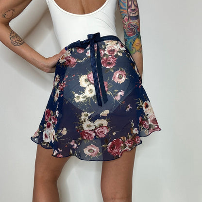 women navy blue floral print chiffon ballet wrap skirt