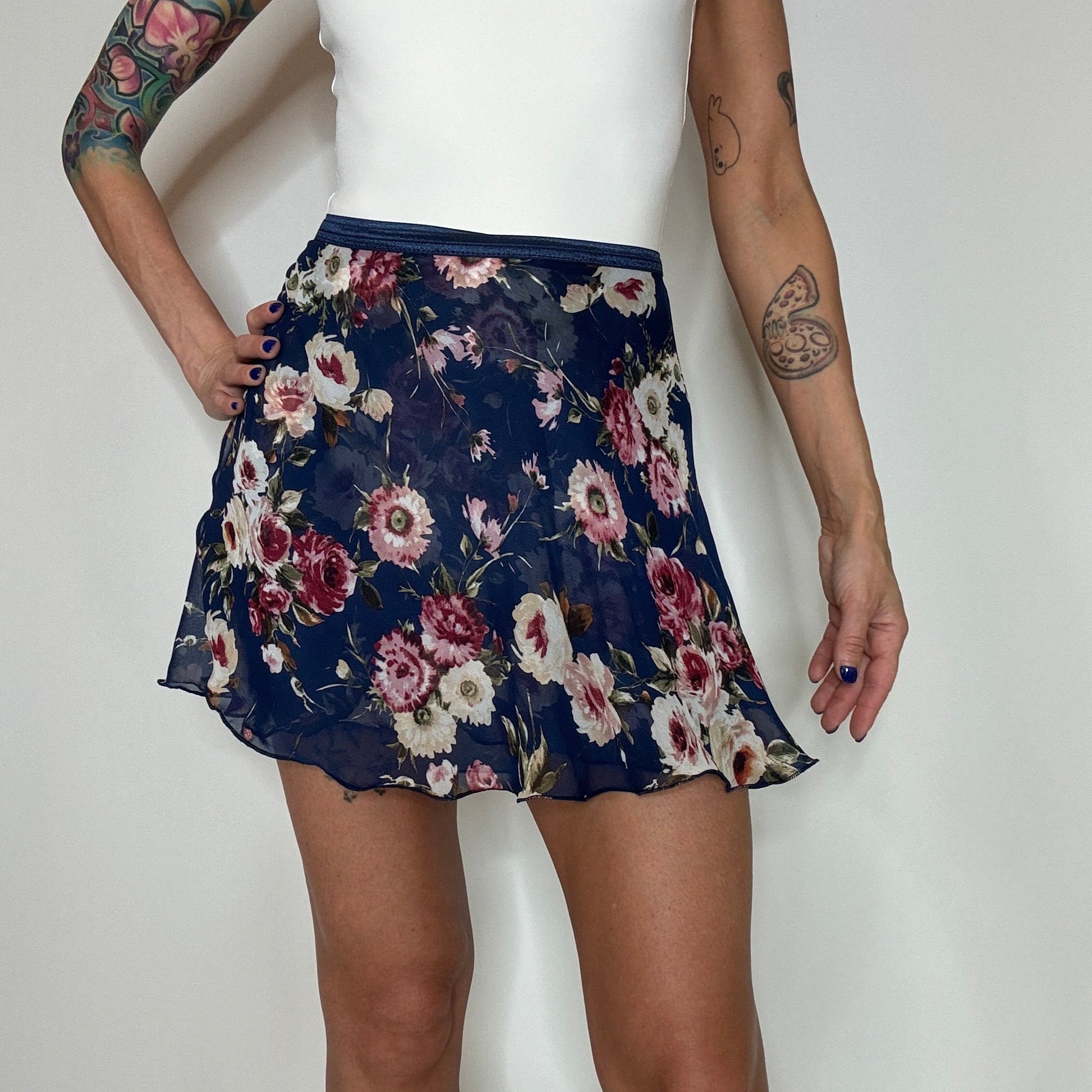 womens navy blue floral print chiffon ballet skirt